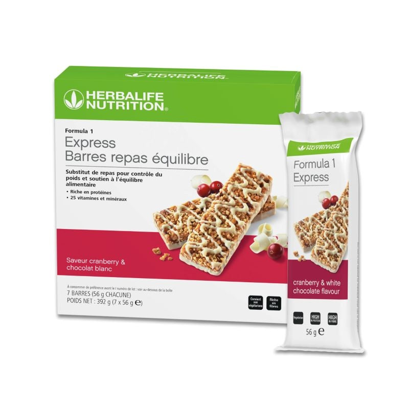 HERBALIFE - Barres Repas Équilibre Formula 1 Express Saveur Cranberry & Chocolat Blanc 7 x 56g